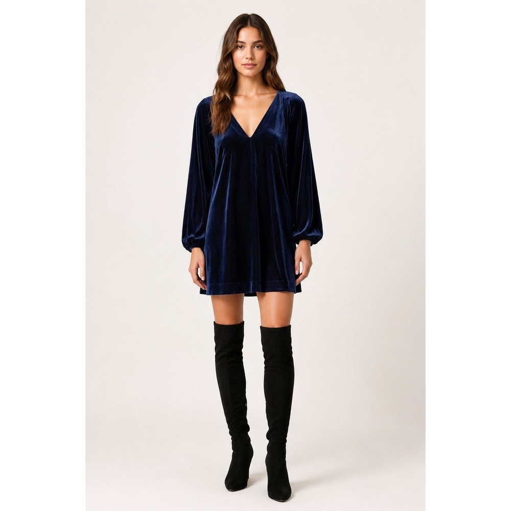 Free People Misha Velvet Mini Dress Blue V Neck Balloon Sleeve Whimsigoth S/M